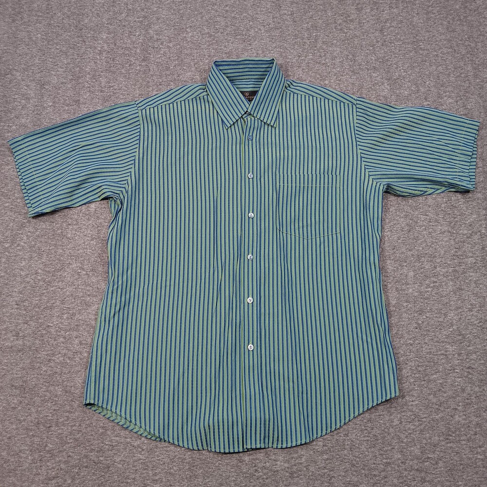 Bugatchi Uomo Shirt Mens Medium Blue Green Striped Short Sleeve Button Up Korea